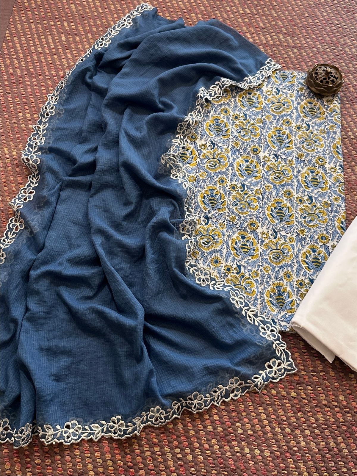 Pure Cotton Malmal Hand-block Fabric set with Cutwork Embroidered Kota Doria Dupatta