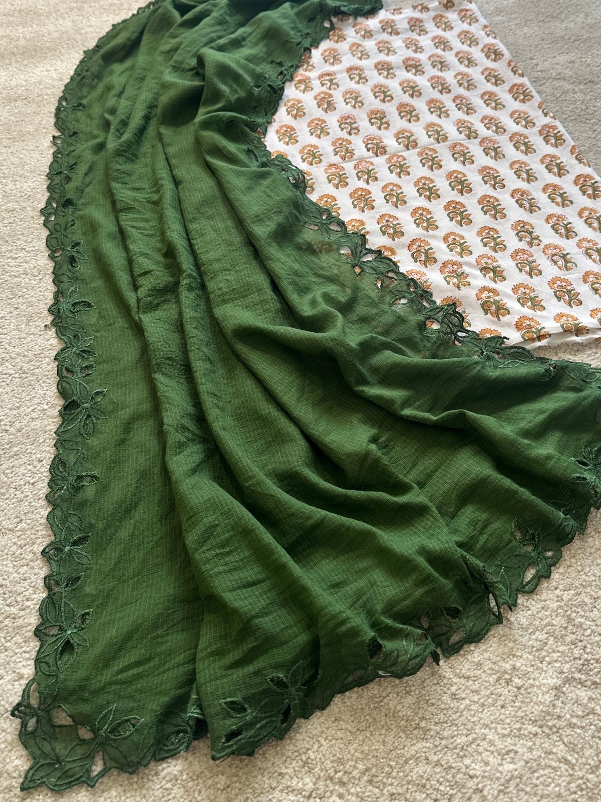 Dhara Set- Handblock Fabric with Cutwork Embroidered Dupatta