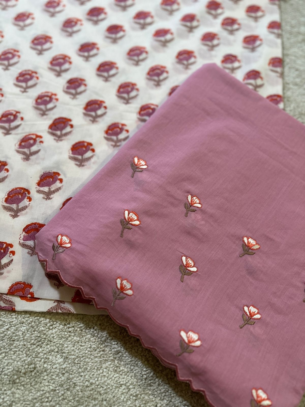 Pure Cotton Hand-blocked Fabric with Embroidered Bottom