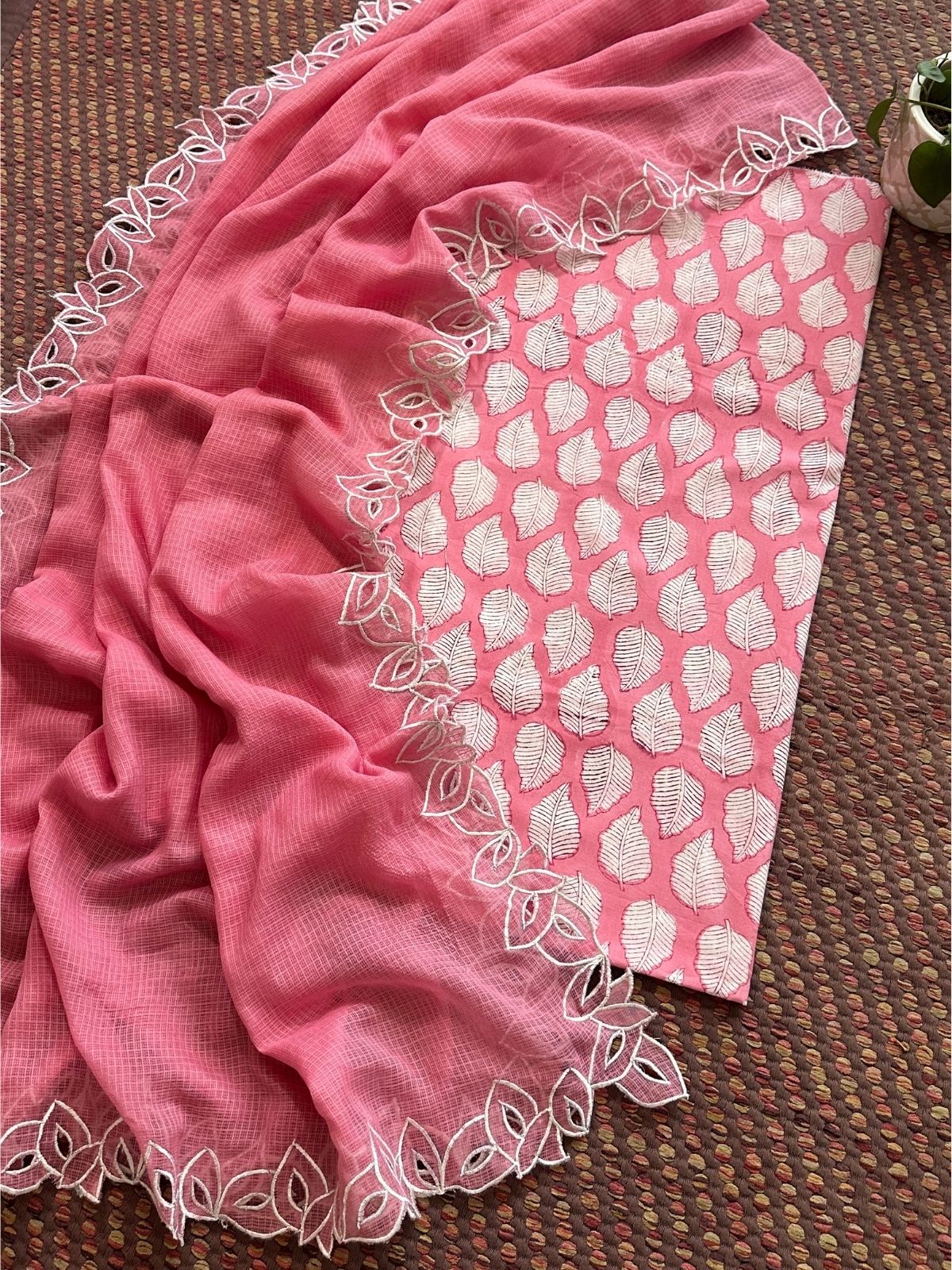 Pure Cotton Handblock Fabric with Cutwork Embroidered Dupatta
