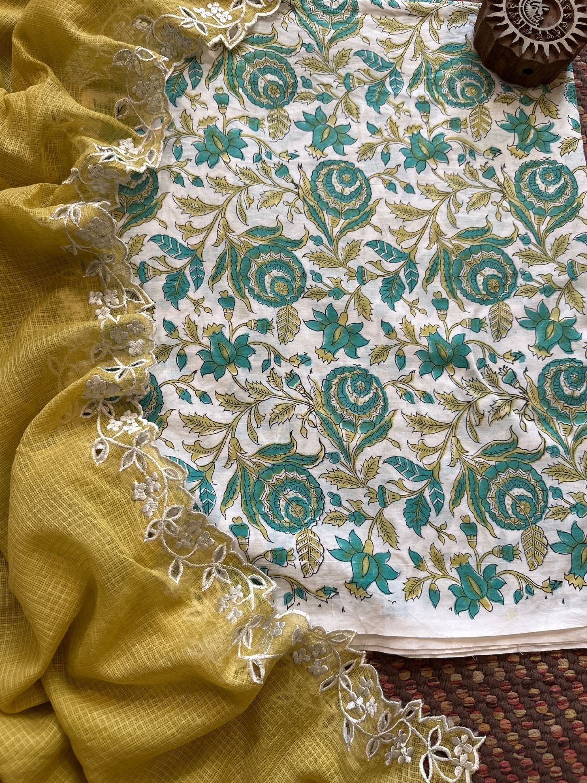 Pure Cotton Handblock Fabric with Cutwork Embroidered Dupatta