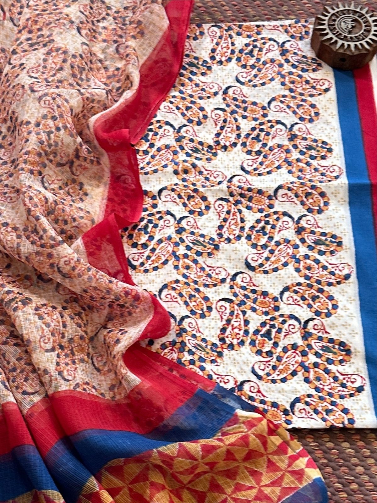 Pure Handblcoked Cotton Unstitched Set with Handblocked Kota Dupatta