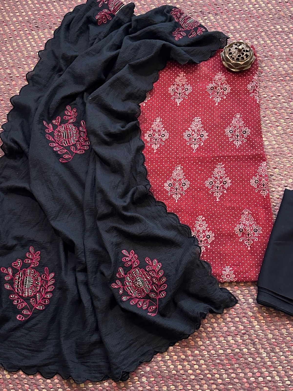Ajrakh Cotton Malmal Unstitched Set with Applique Kota Dupatta