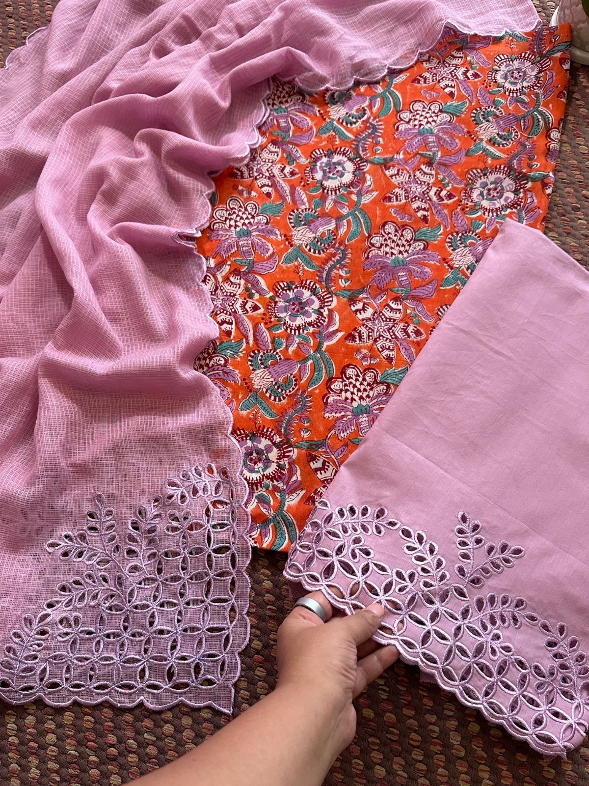 Pure Cotton Hand-blocked Fabric with Cutwork Bottom & Kota Doria Dupatta