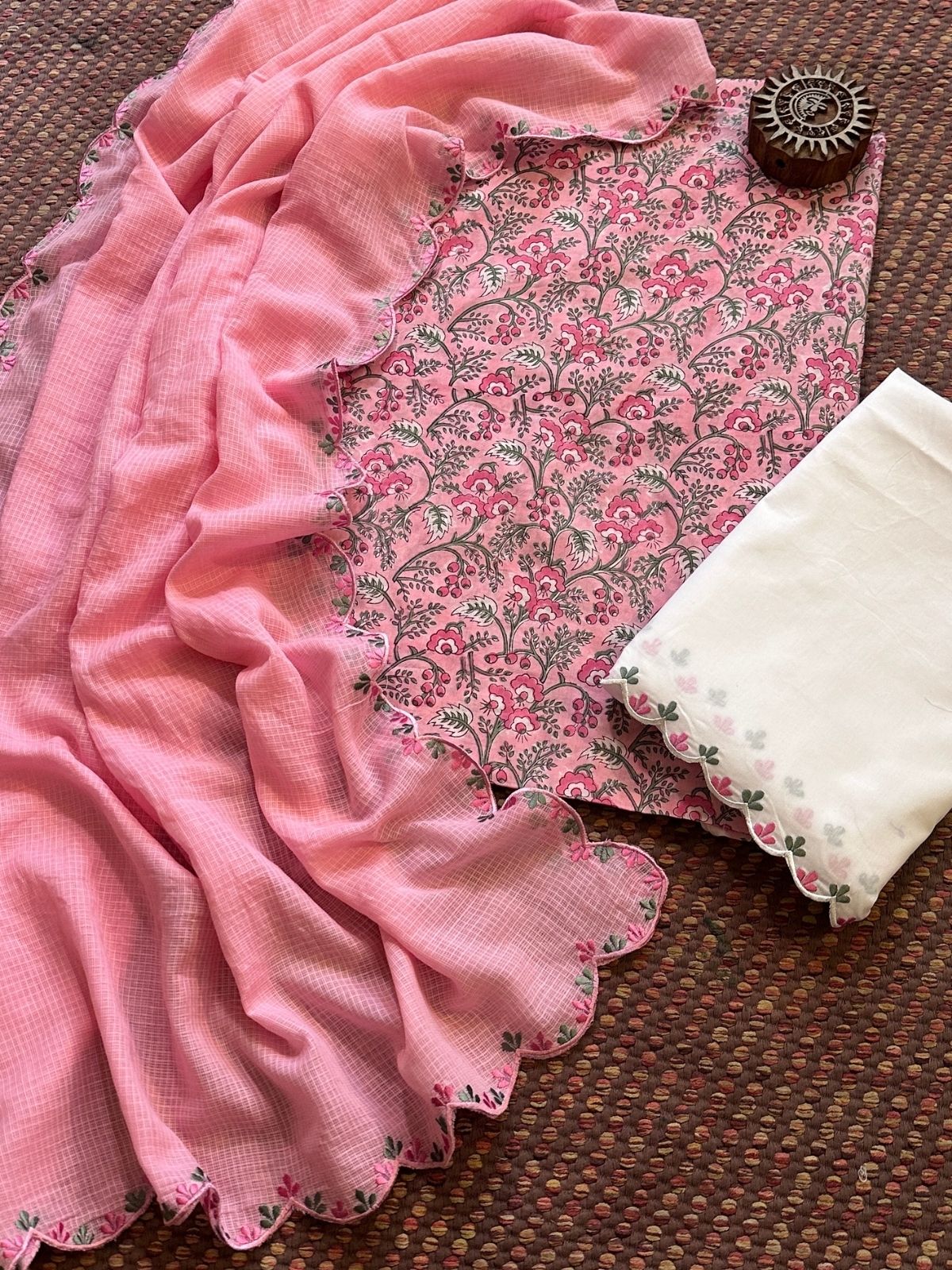 Pure Cotton Hand blocked Set with Embroidered Dupatta