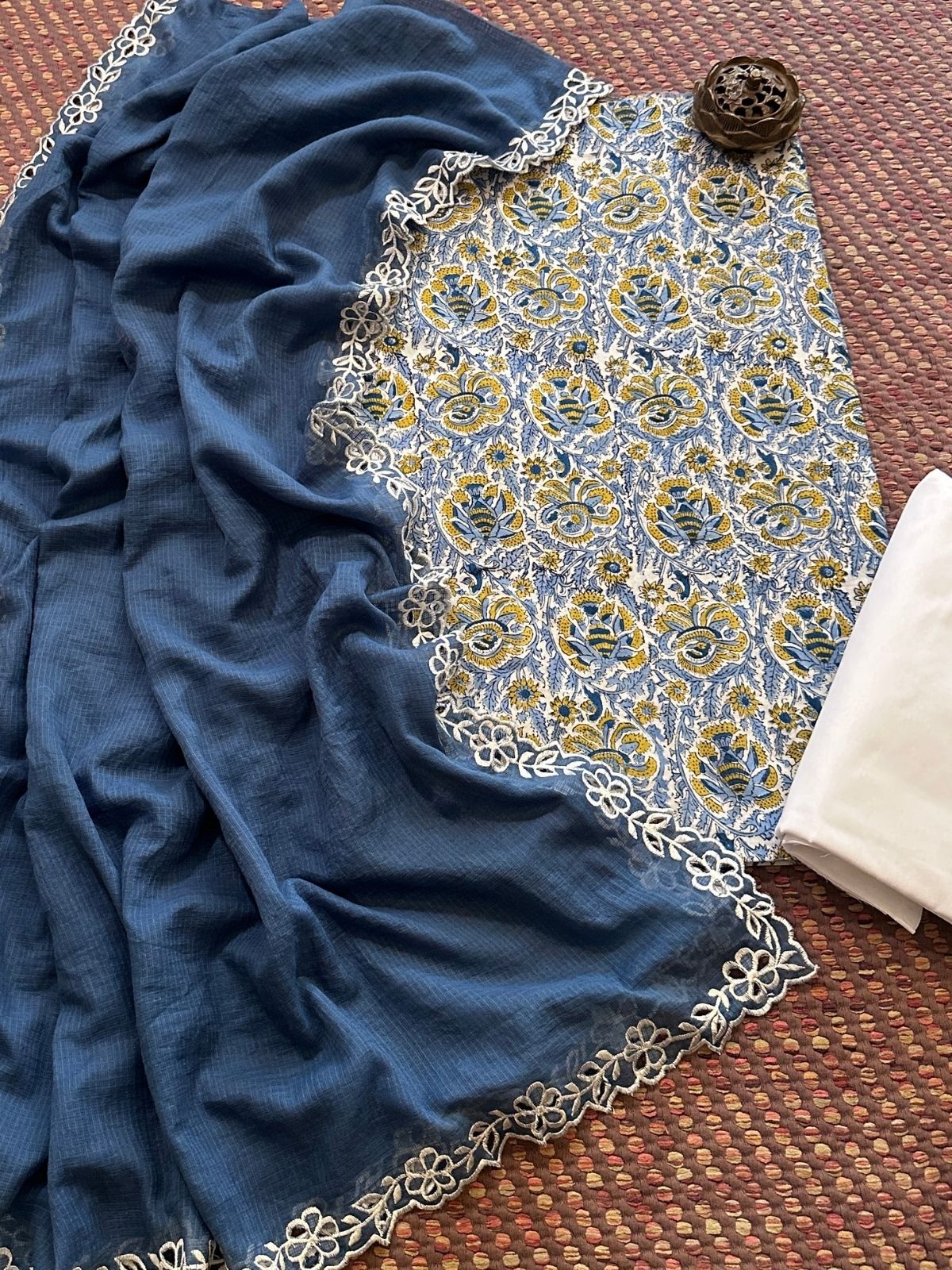 Pure Cotton Malmal Hand-block Fabric set with Cutwork Embroidered Kota Doria Dupatta