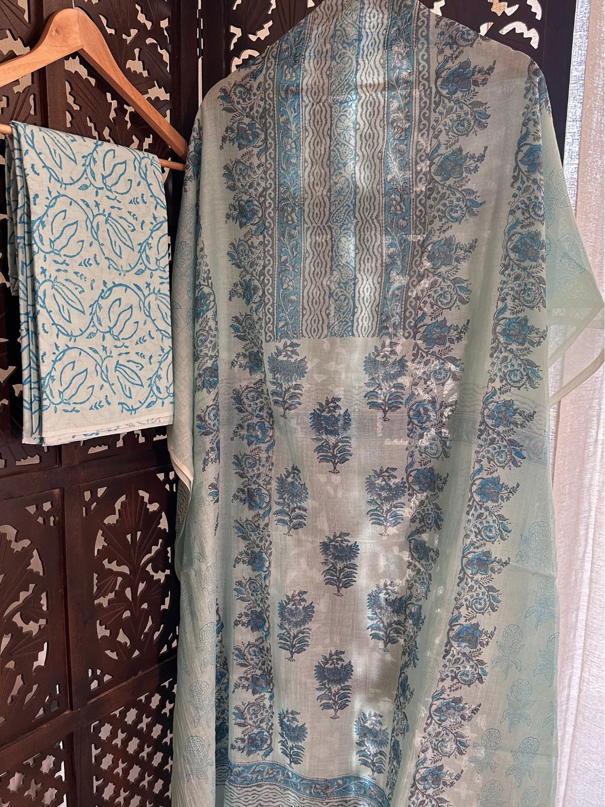 Premium Hand-blocked Malmal Maheswari Unstitched Set