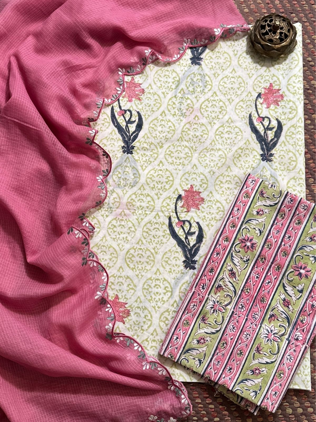 Pure Cotton Hand-blocked Set with Embroidered Dupatta