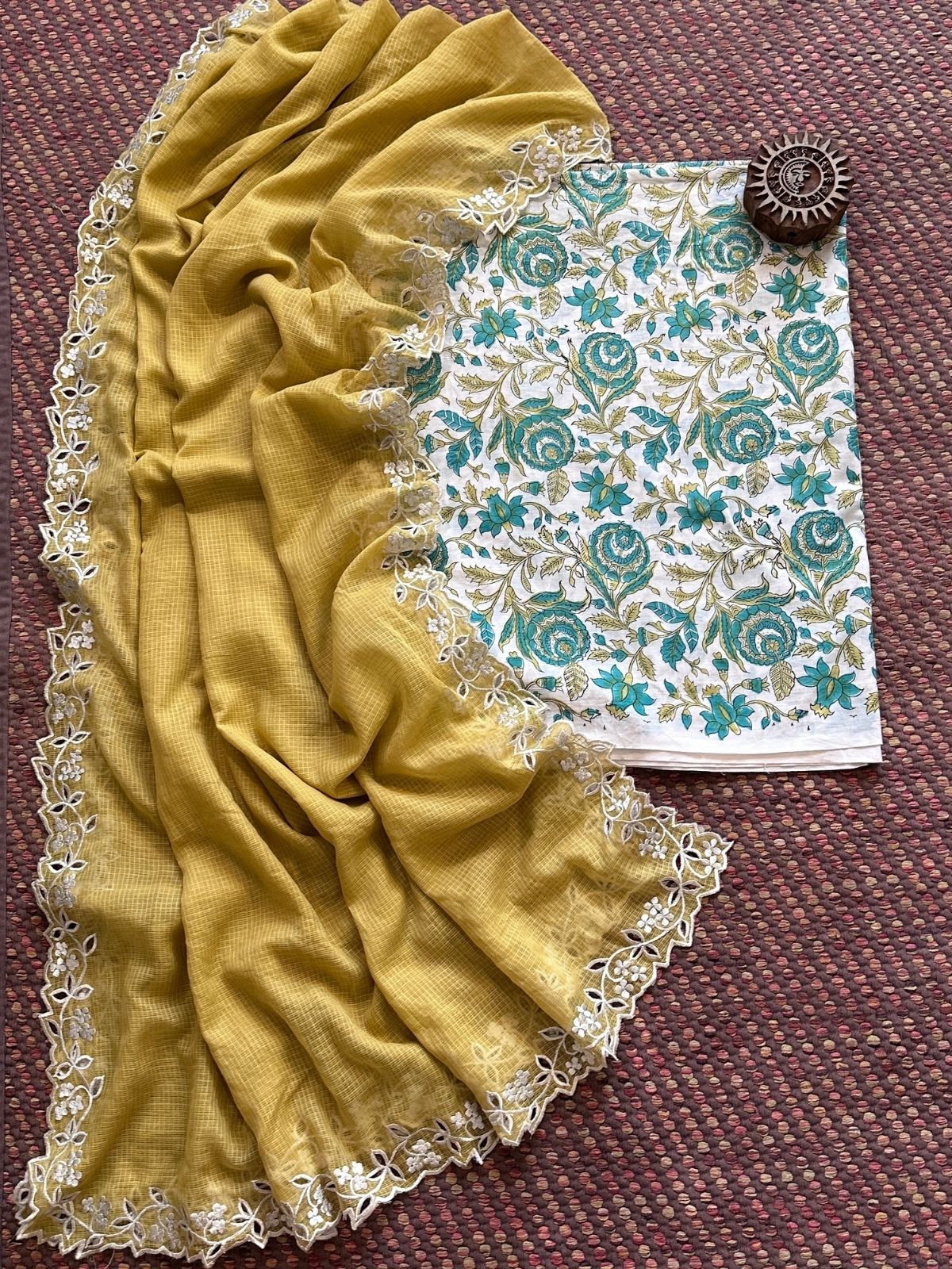 Pure Cotton Handblock Fabric with Cutwork Embroidered Dupatta