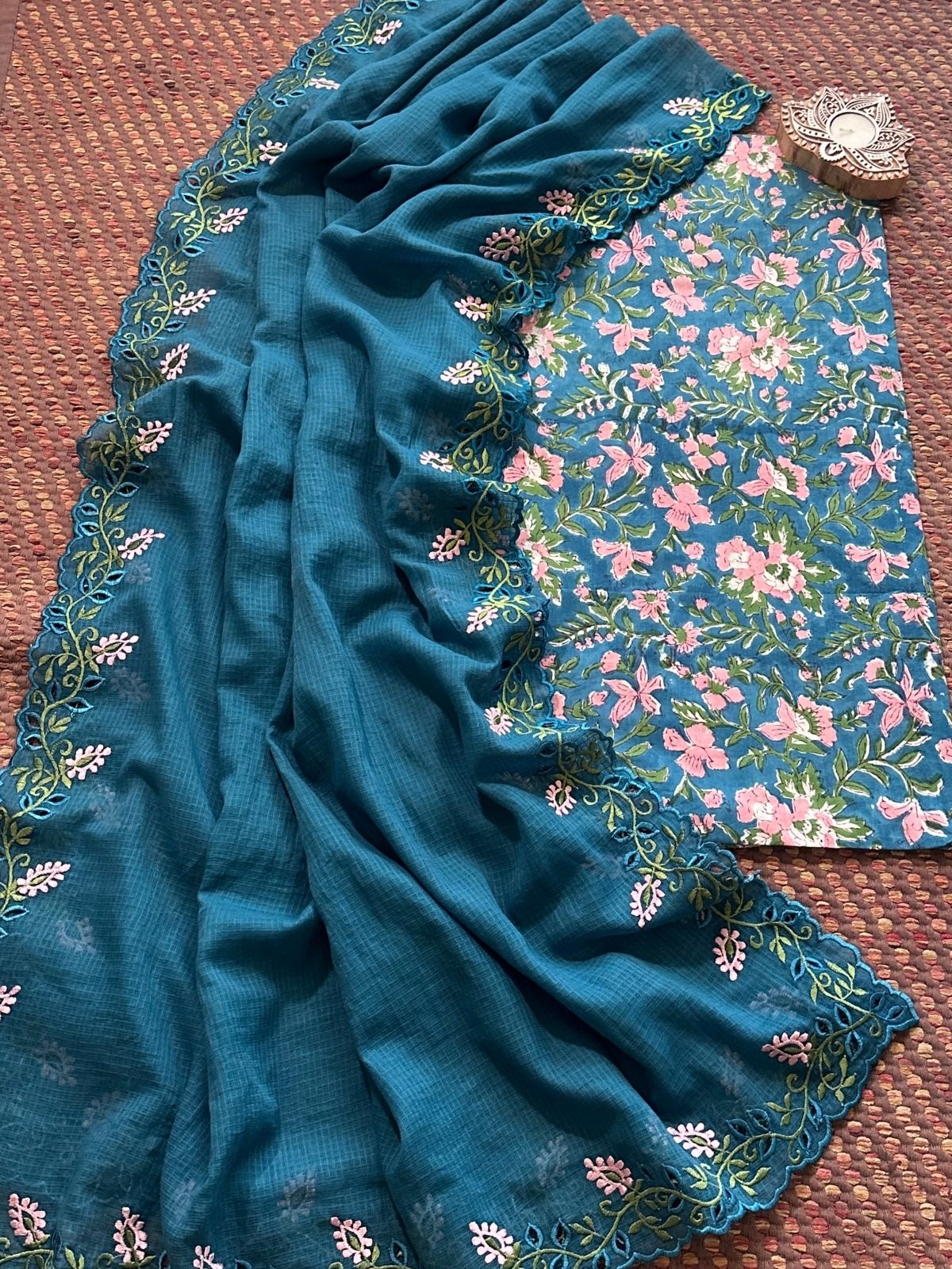 Pure Cotton Handblock Fabric with Cutwork Embroidered Dupatta