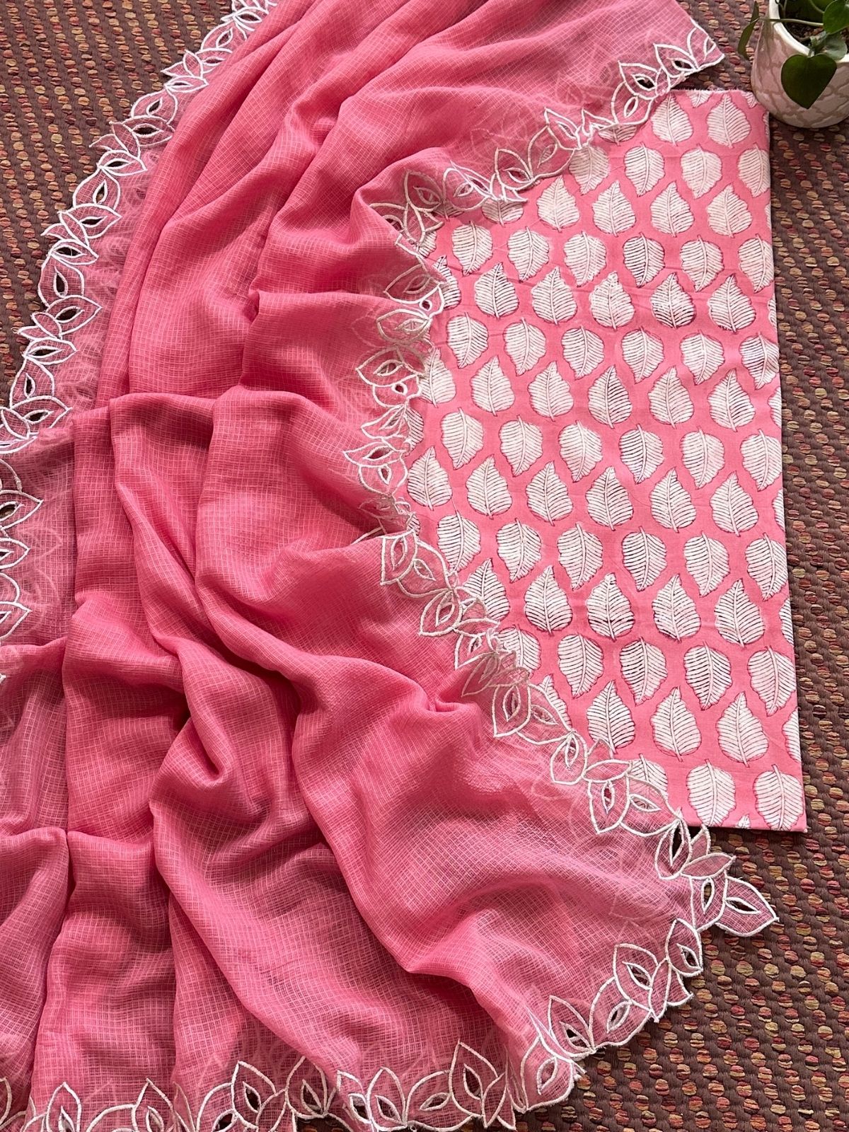 Pure Cotton Handblock Fabric with Cutwork Embroidered Dupatta