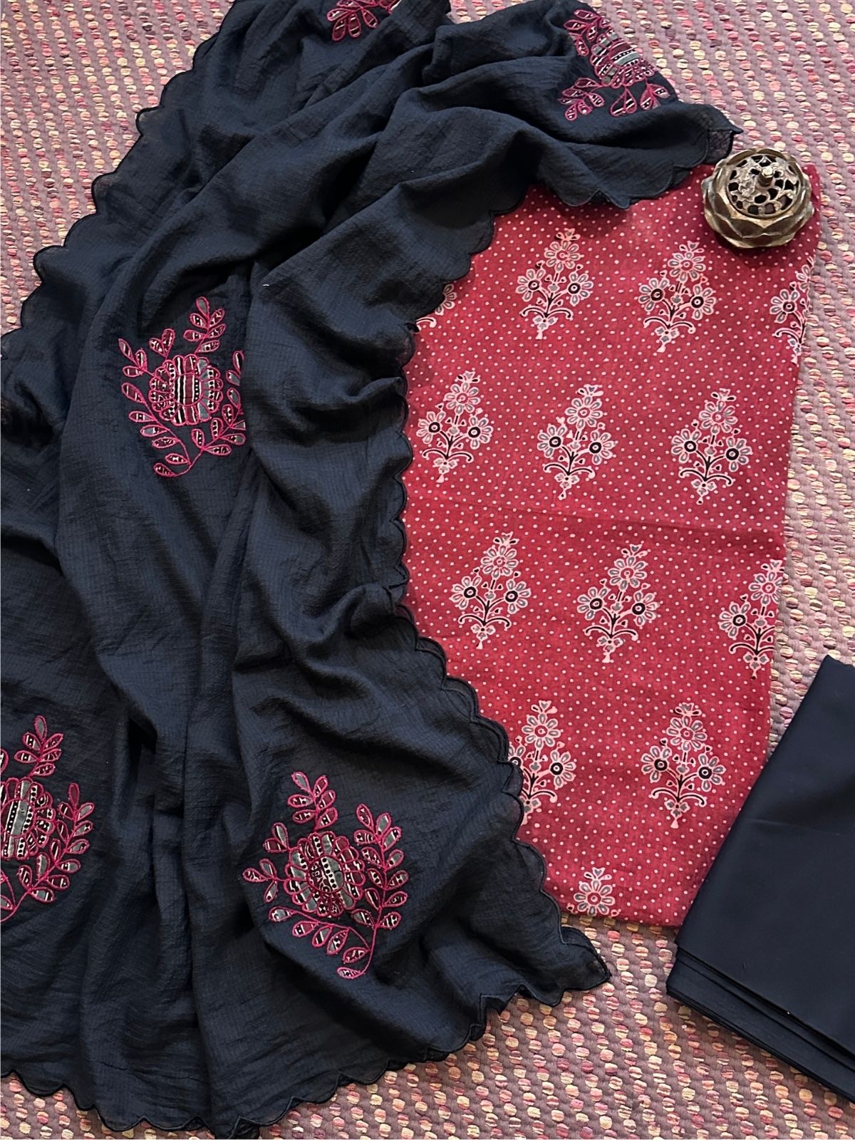 Ajrakh Cotton Malmal Unstitched Set with Applique Kota Dupatta