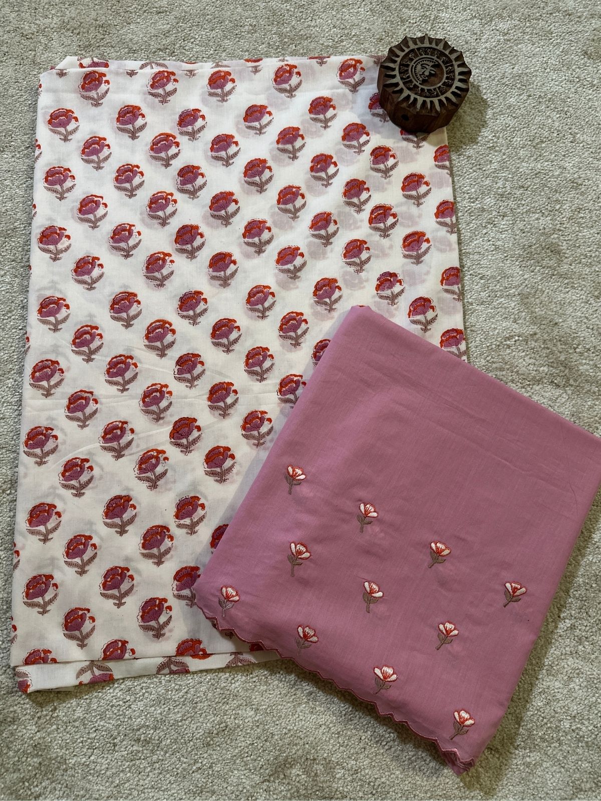 Pure Cotton Hand-blocked Fabric with Embroidered Bottom
