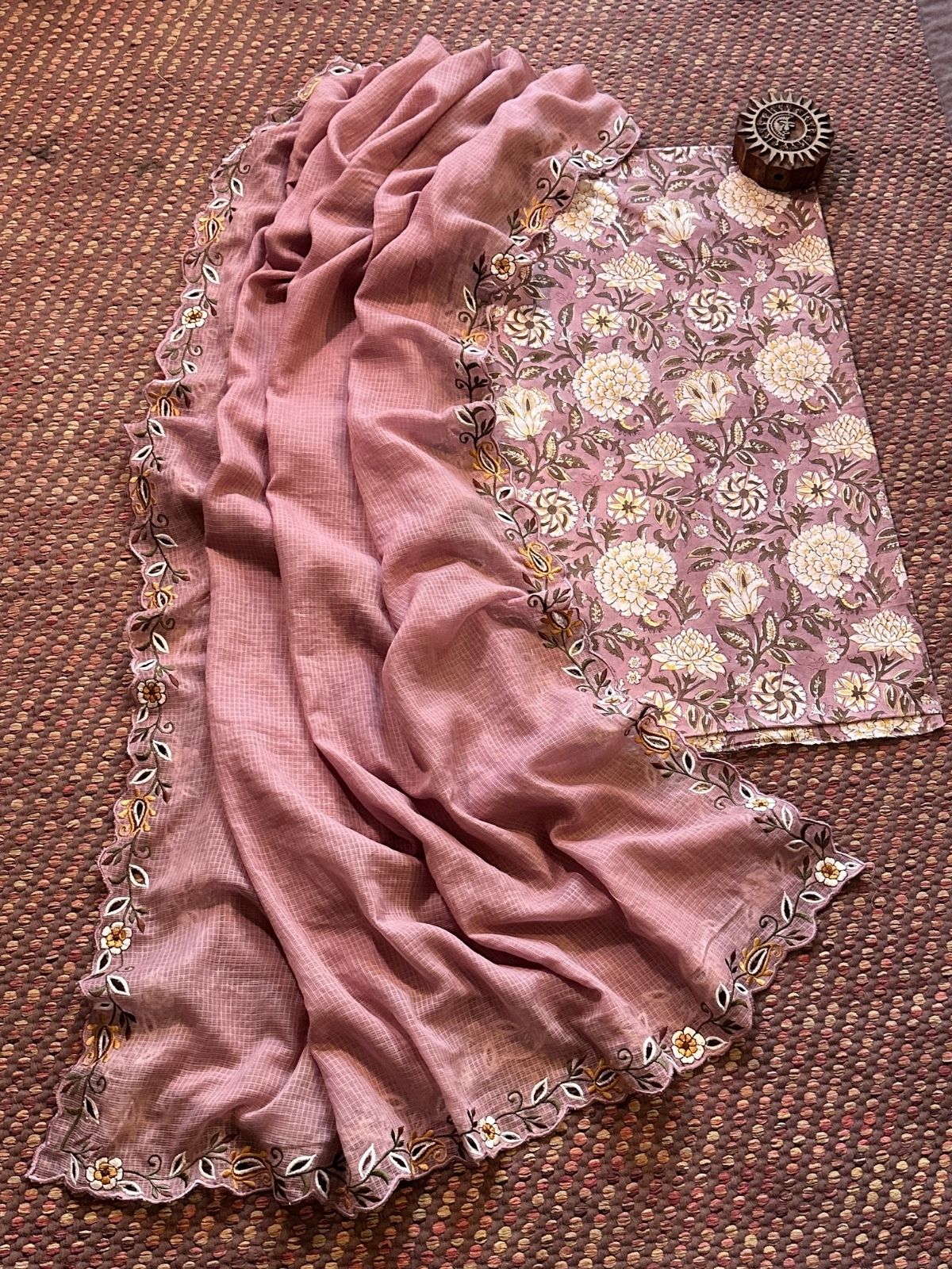 Pure Cotton Handblock Fabric with Cutwork Embroidered Dupatta