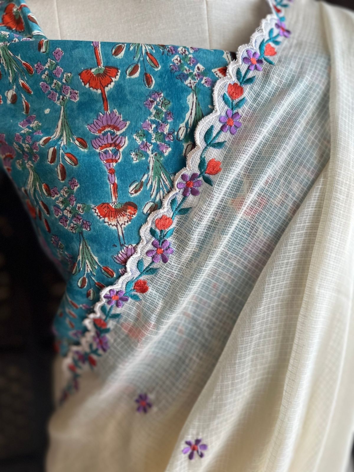 Kota Doria Embroidered Saree with Hand Block Blouse fabric