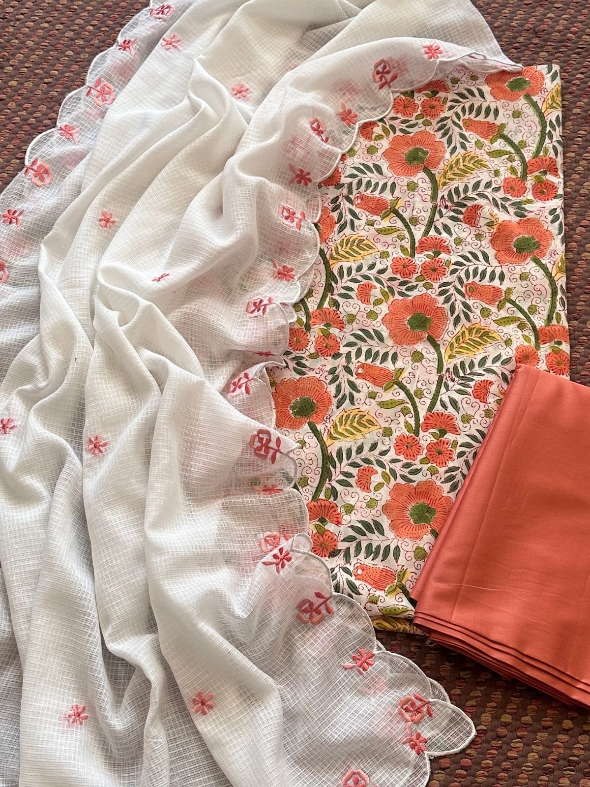 Pure Cotton Hand-blocked Set with Embroidered Dupatta