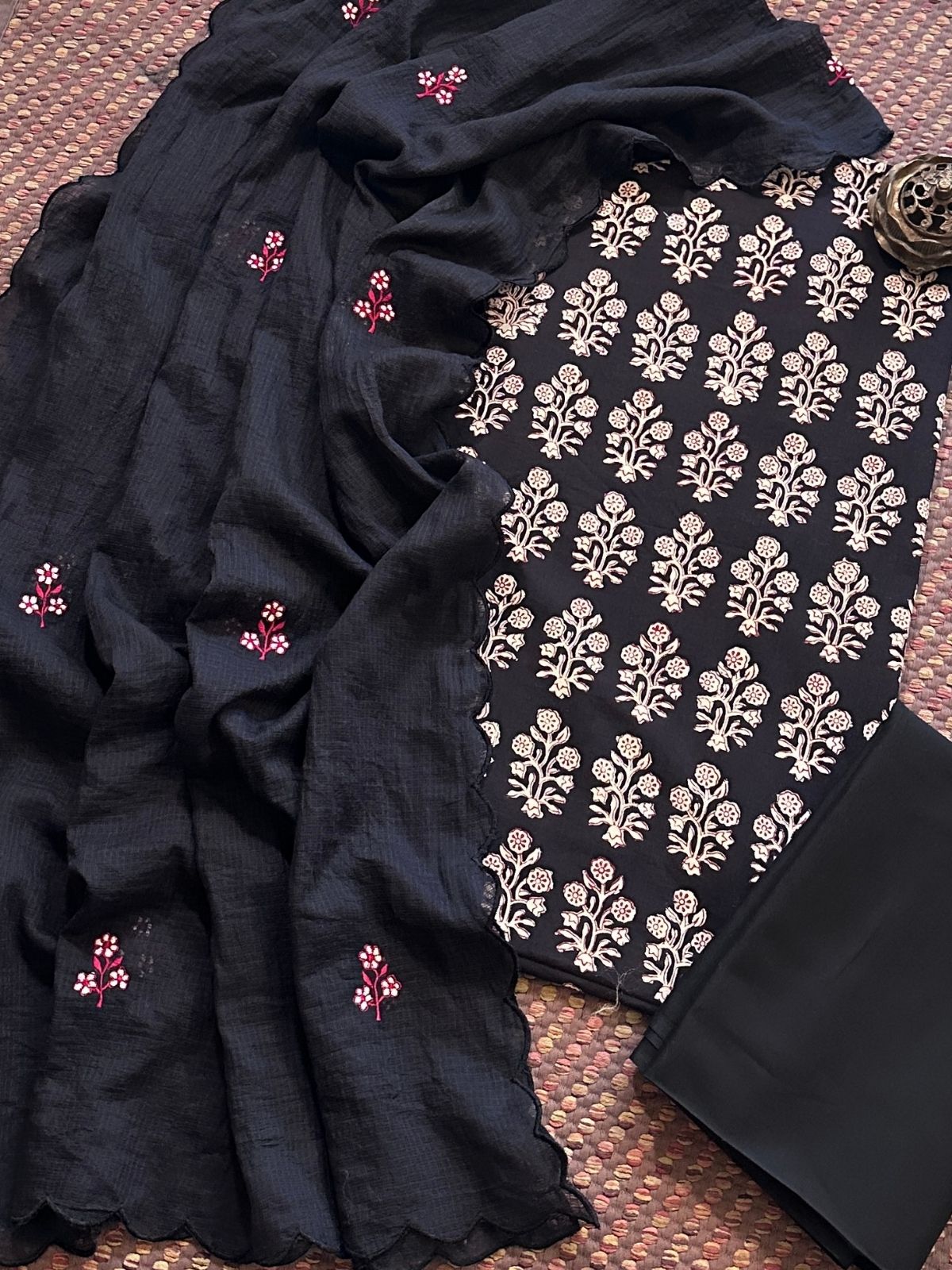 Pure Cotton Hand-block Fabric with Embroidered Bottom & Kota Doria Dupatta