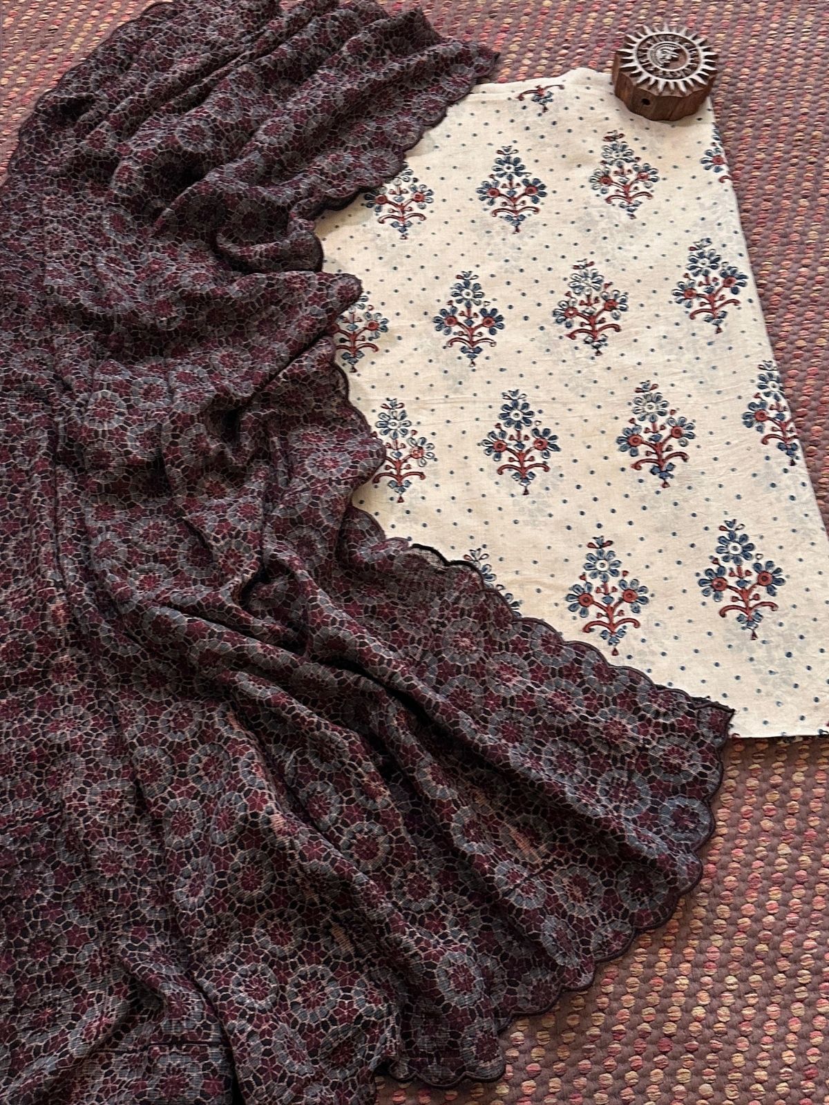 Ajrakh Cotton Malmal Handblocked Set- Top & Dupatta