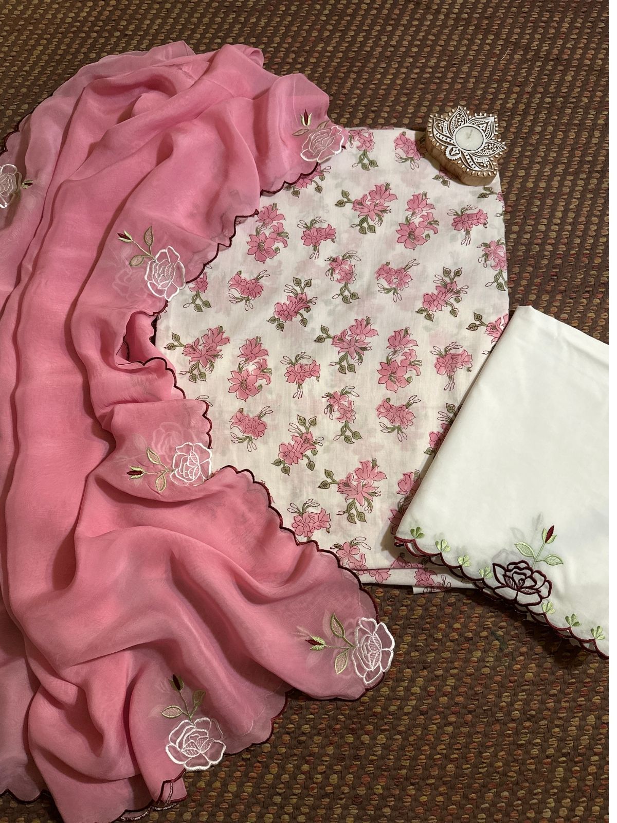 Pure Cotton Handblocked unstitched fabric with Embroidered Organza Dupatta & cotton cambric bottom.