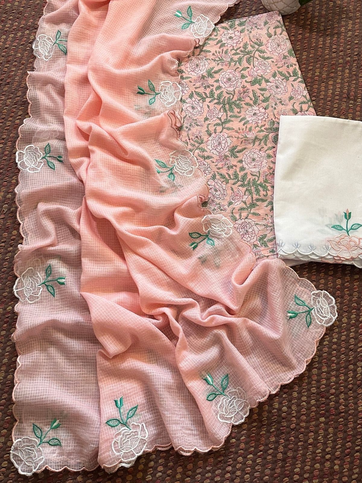 Pure Cotton Hand-block Fabric with Embroidered Bottom & Kota Doria Dupatta