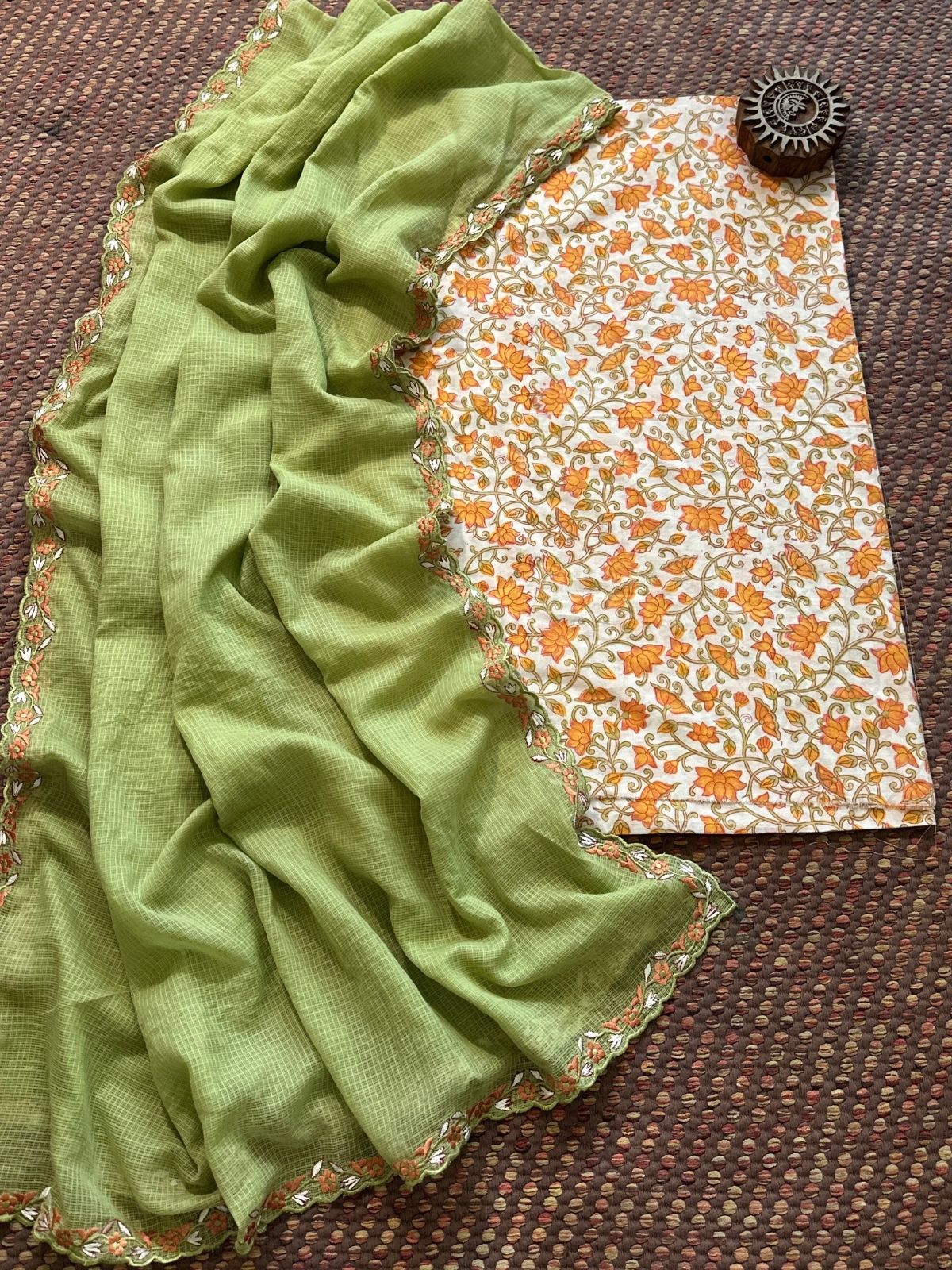 Pure Cotton Hand-blocked Fabric with Exclusive Embroidered Dupatta