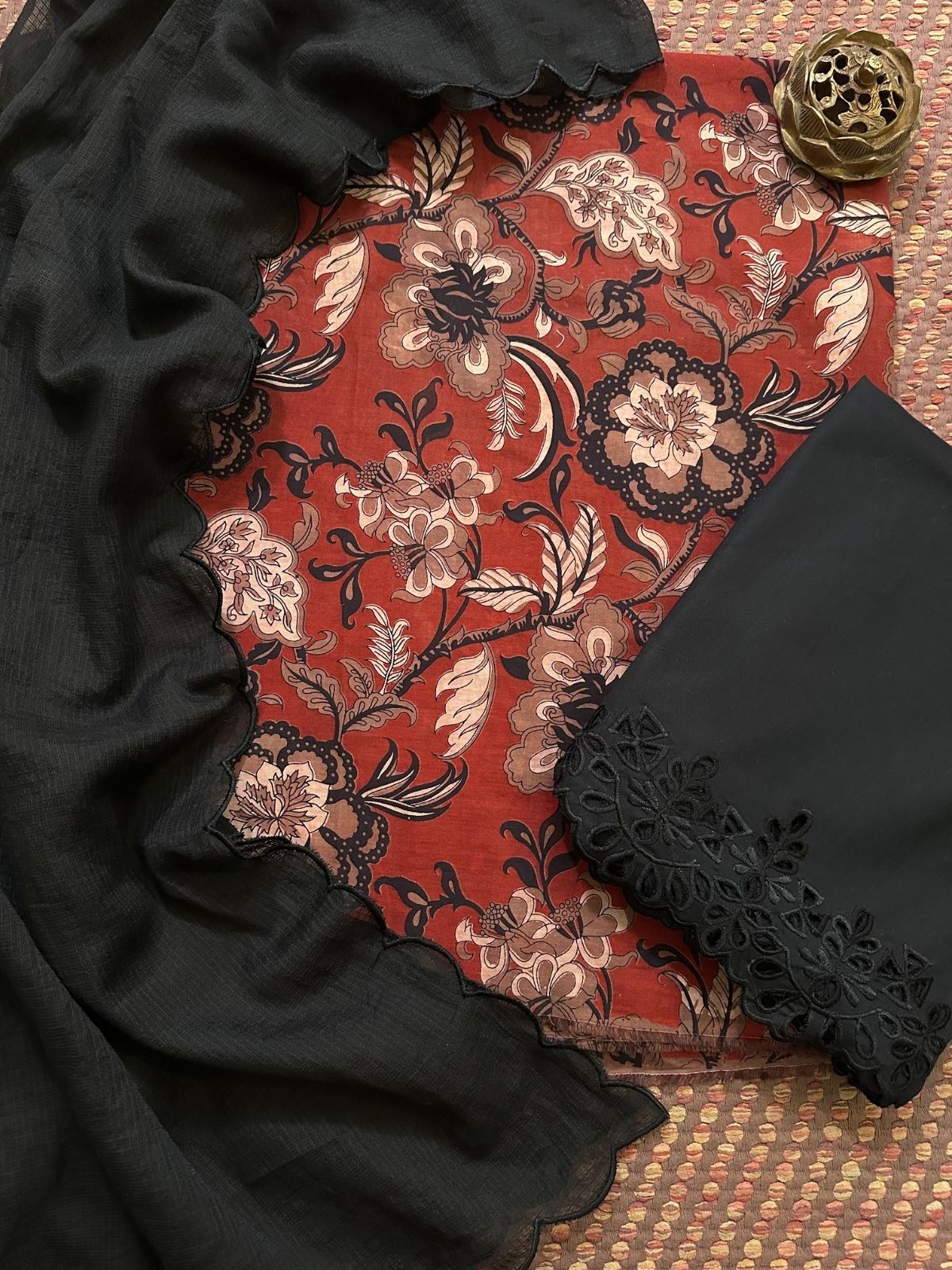 Pure Cotton Premium Malmal Unstitched Set with Cutwork Bottom