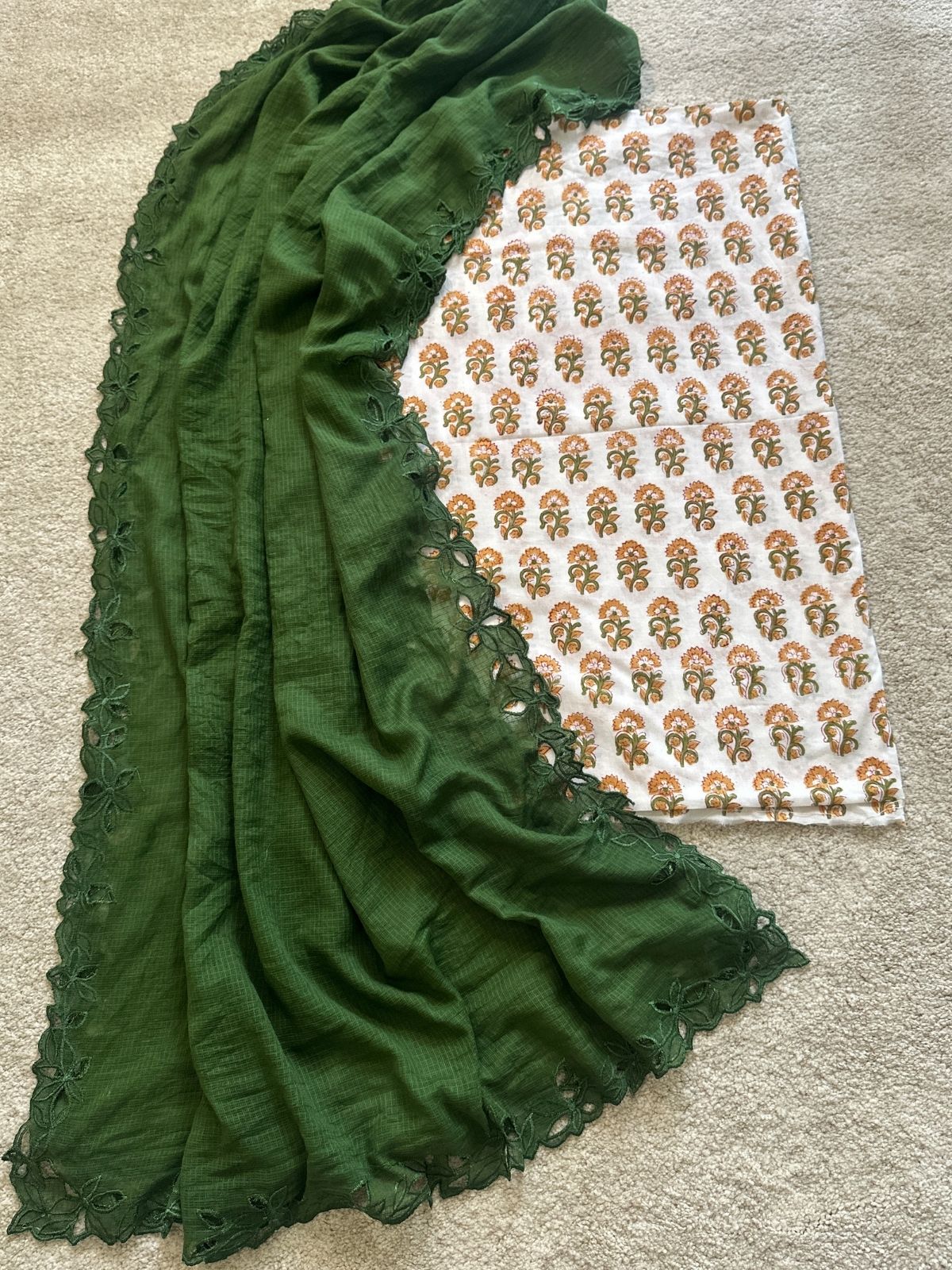 Dhara Set- Handblock Fabric with Cutwork Embroidered Dupatta