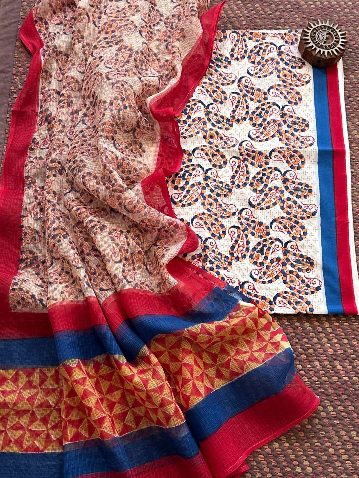 Pure Handblcoked Cotton Unstitched Set with Handblocked Kota Dupatta
