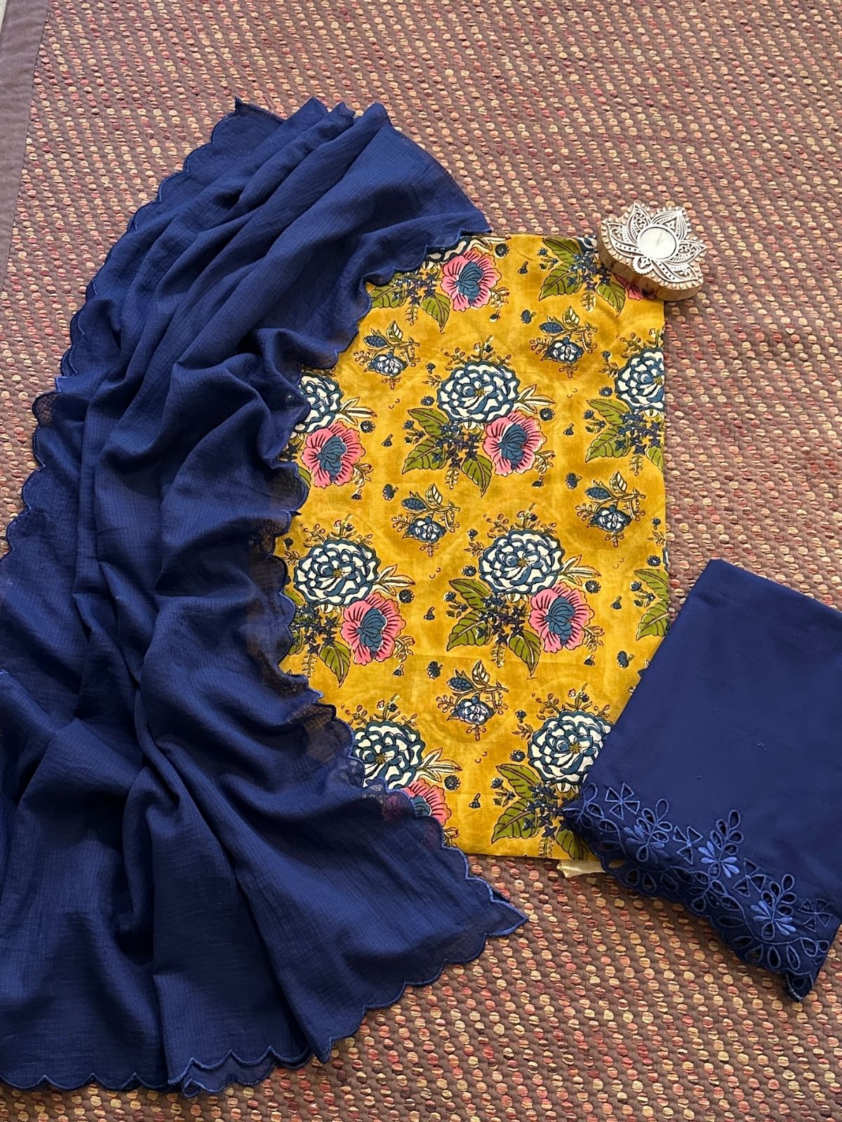 Pure Cotton Malmal Hand-blocked Fabric with Cutwork Bottom & Kota Doria Dupatta