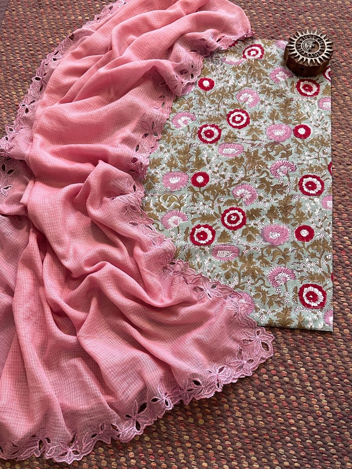 Pure Cotton Handblock Fabric with Cutwork Embroidered Dupatta