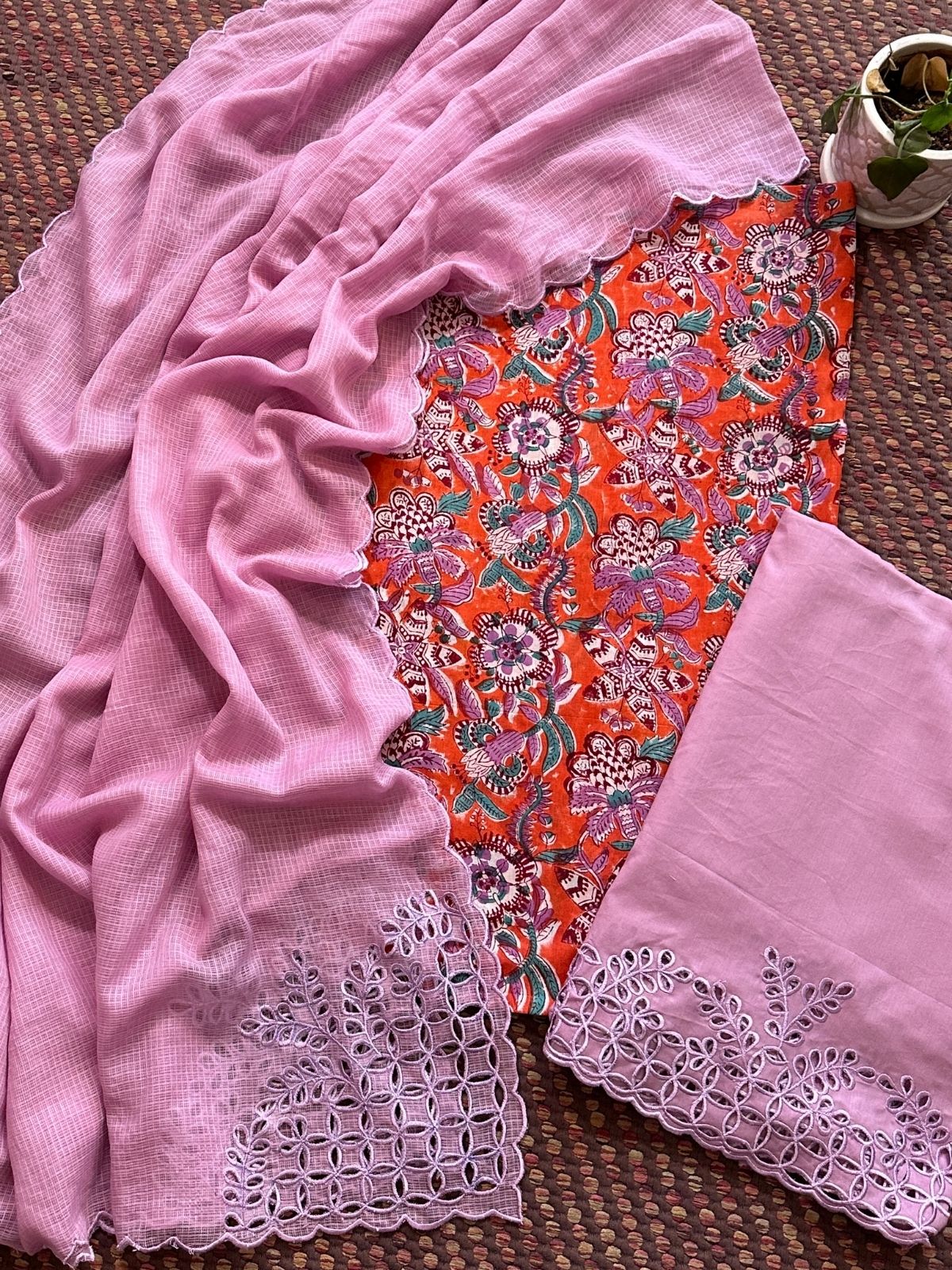 Pure Cotton Hand-blocked Fabric with Cutwork Bottom & Kota Doria Dupatta