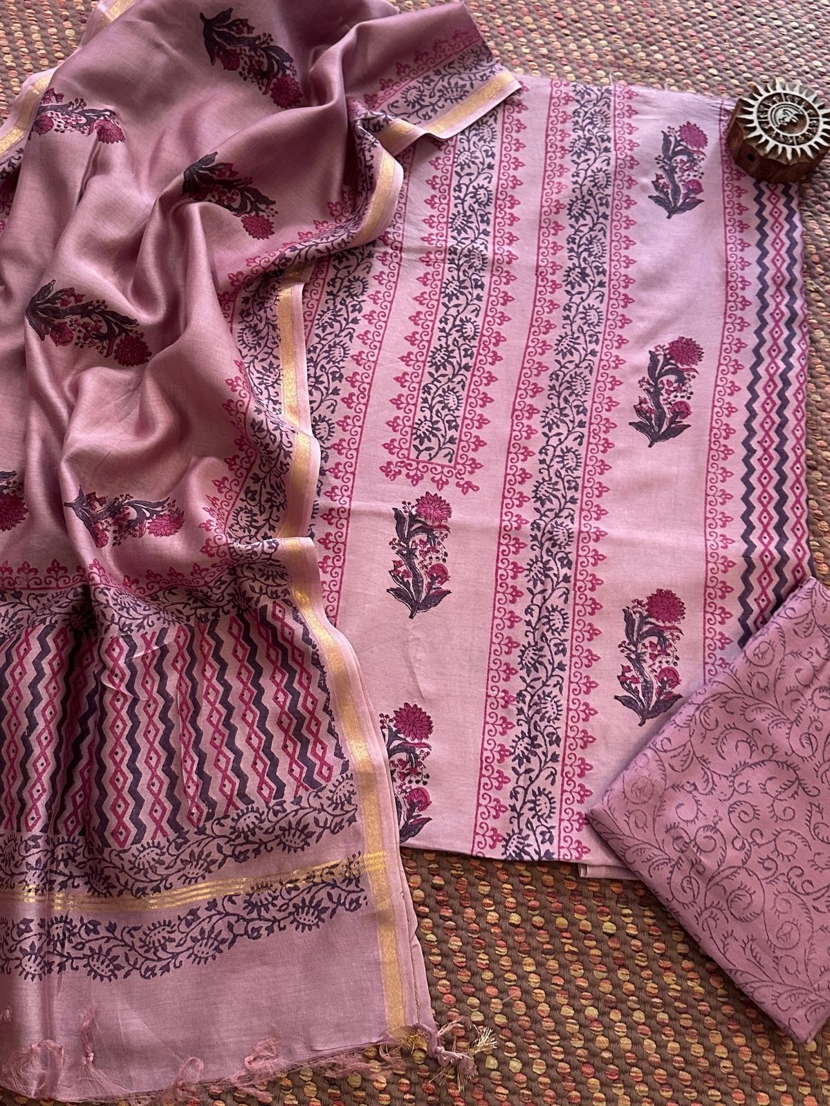 Hand-blocked Maheswari Unstitched Set