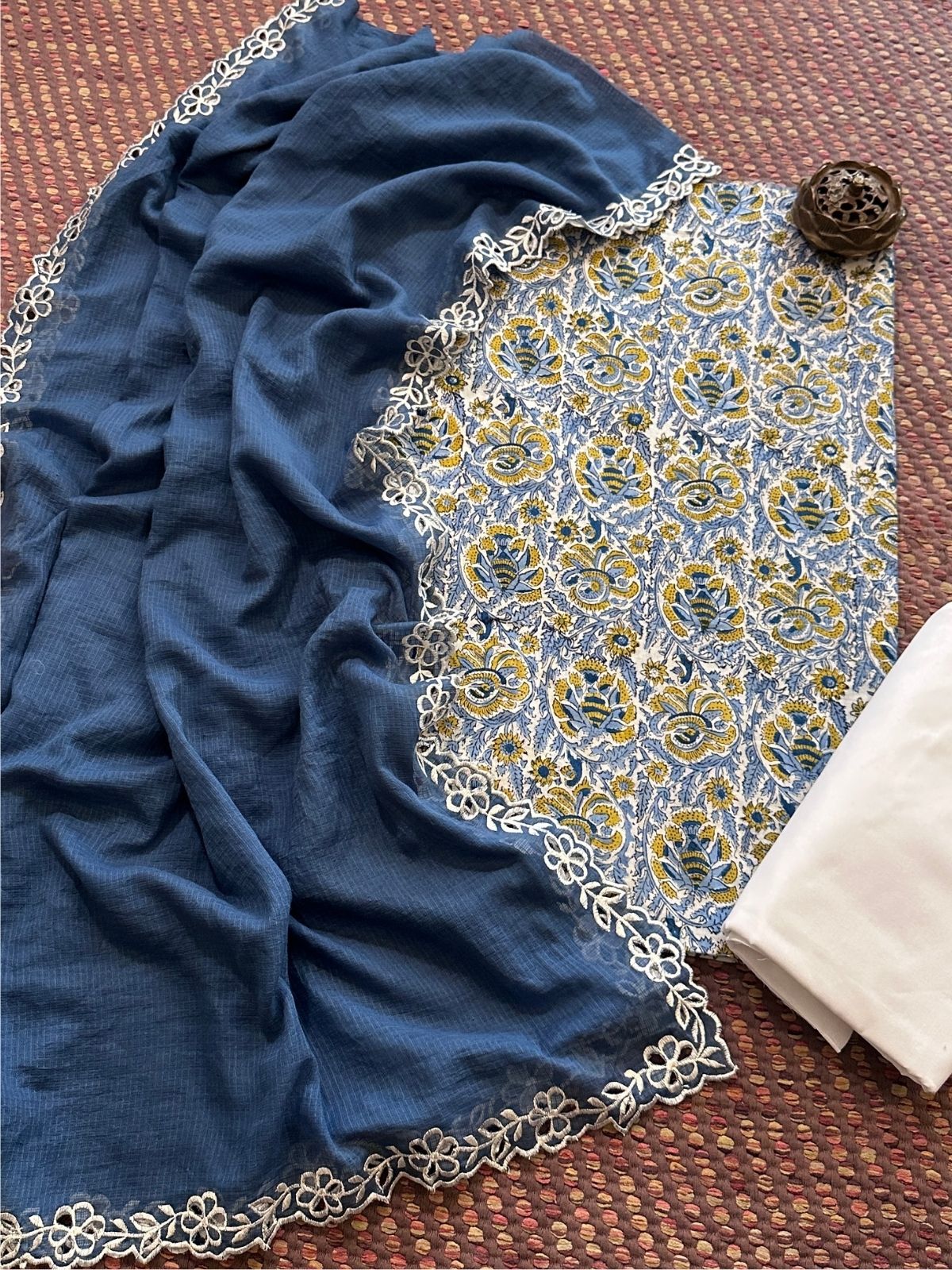 Pure Cotton Malmal Hand-block Fabric set with Cutwork Embroidered Kota Doria Dupatta