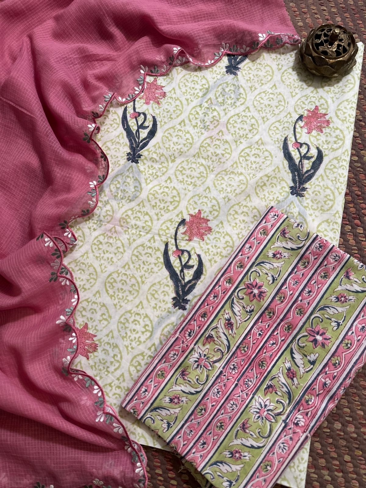 Pure Cotton Hand-blocked Set with Embroidered Dupatta