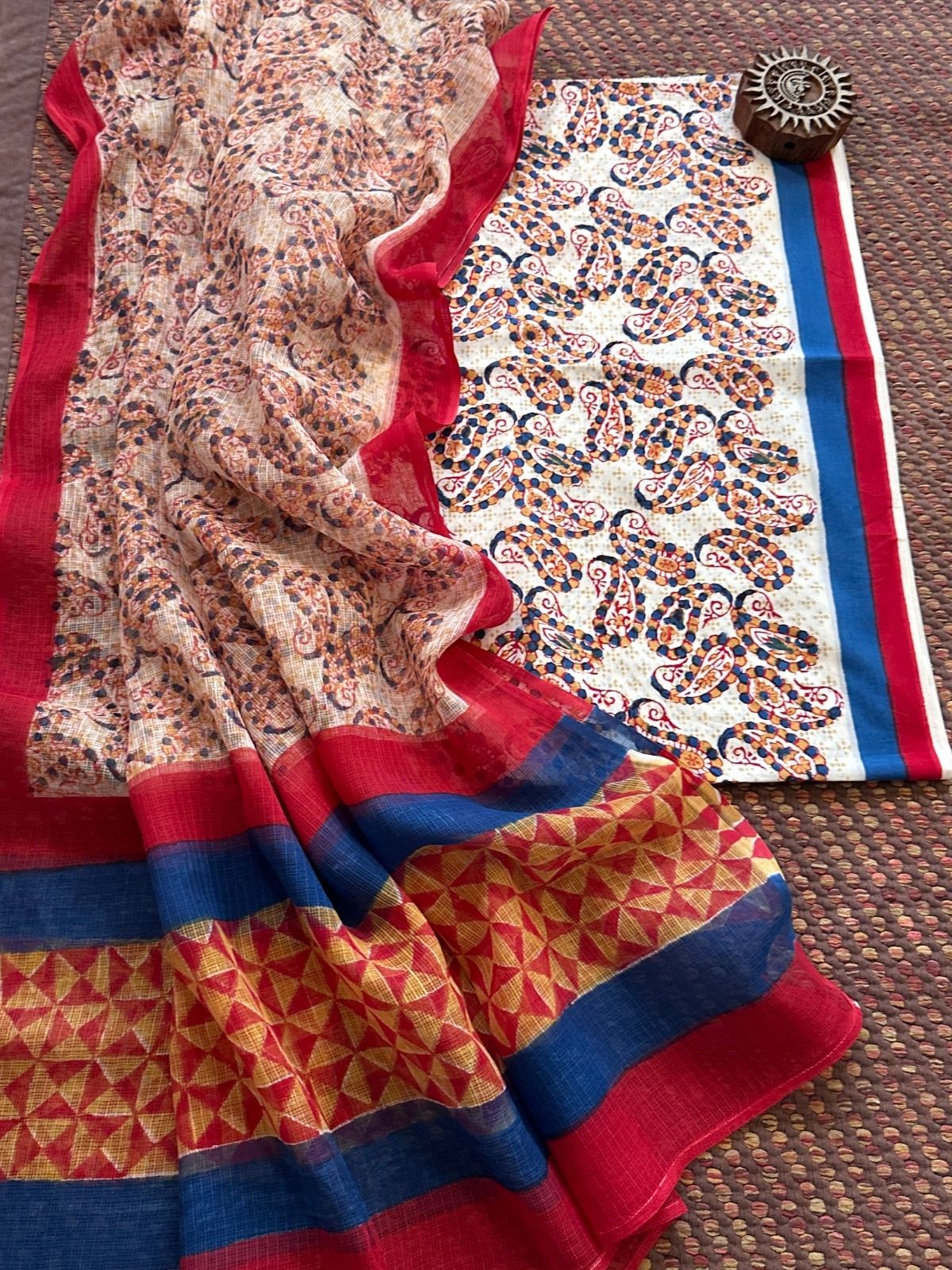 Pure Handblcoked Cotton Unstitched Set with Handblocked Kota Dupatta