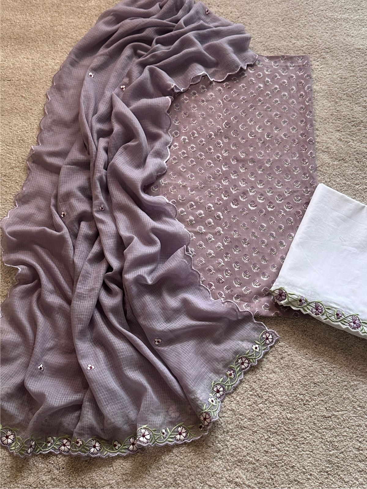 Sandhya Set- Sanganeri Kurta fabric with Embroidered Bottom and Dupatta