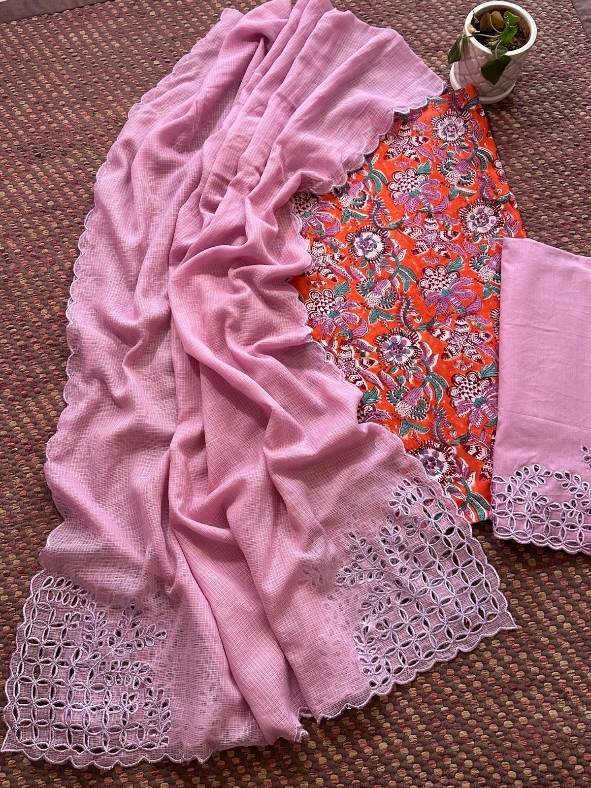 Pure Cotton Hand-blocked Fabric with Cutwork Bottom & Kota Doria Dupatta