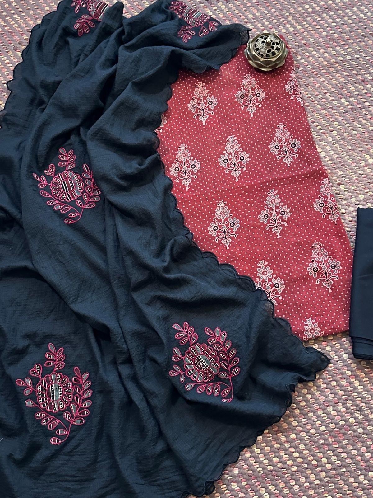 Ajrakh Cotton Malmal Unstitched Set with Applique Kota Dupatta