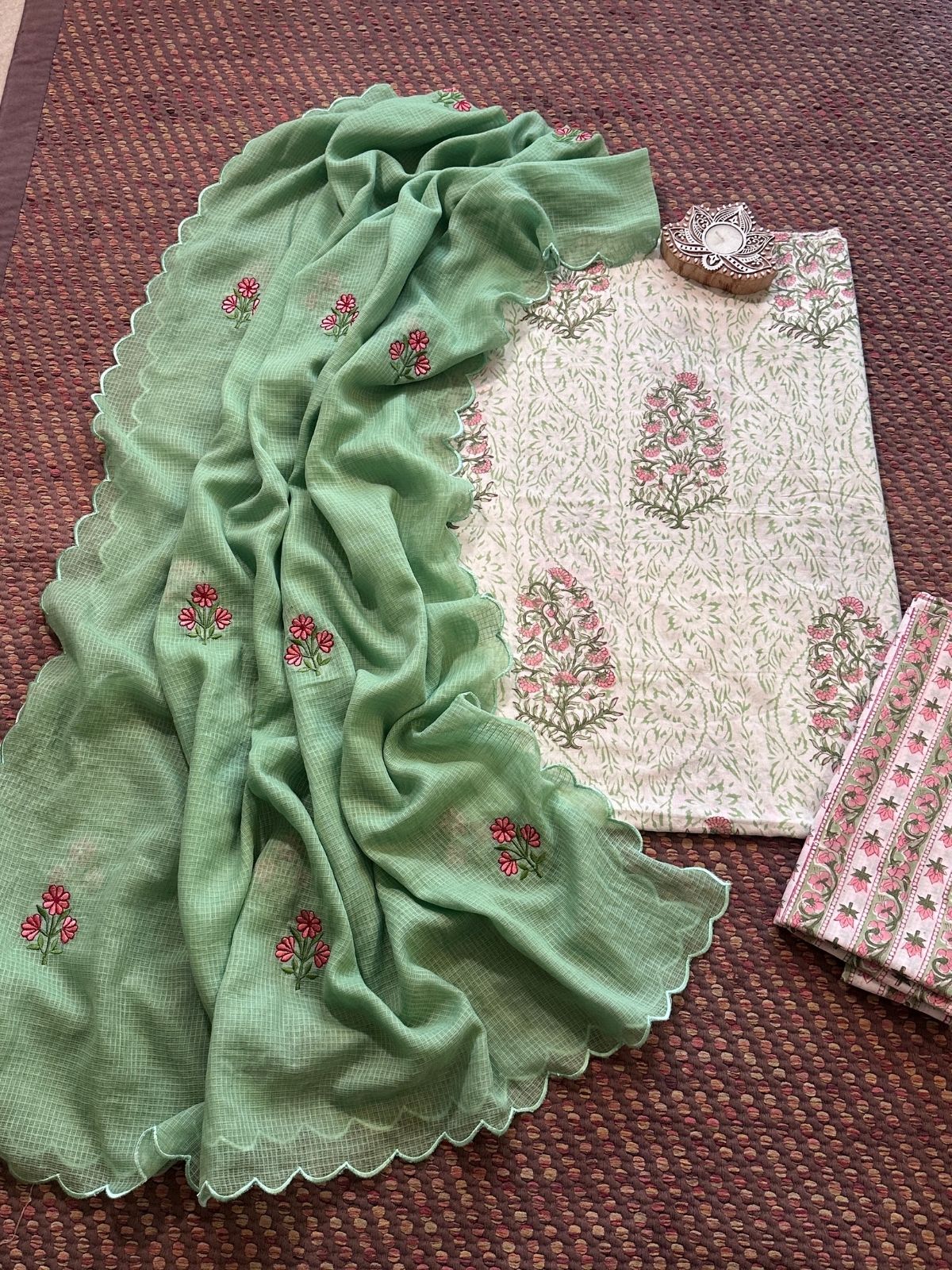 Pure Cotton  Hand blocked Set with Embroidered Dupatta