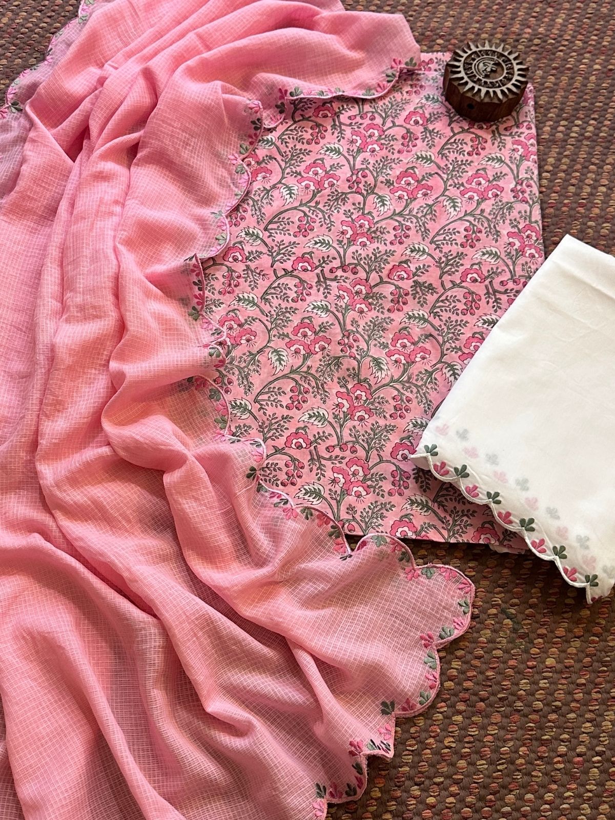 Pure Cotton Hand blocked Set with Embroidered Dupatta