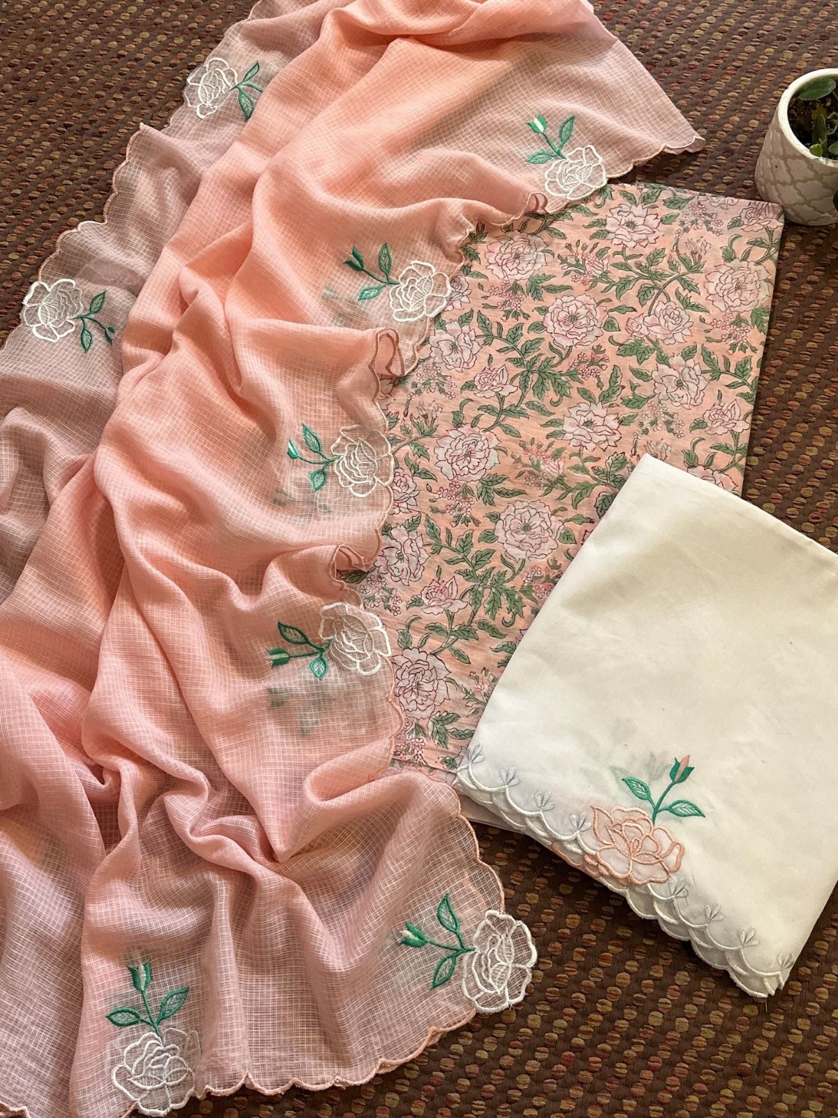 Pure Cotton Hand-block Fabric with Embroidered Bottom & Kota Doria Dupatta