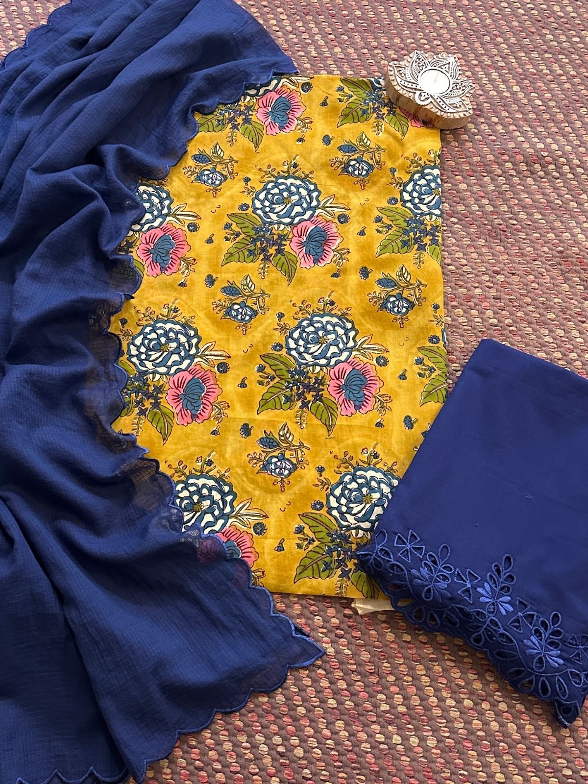 Pure Cotton Malmal Hand-blocked Fabric with Cutwork Bottom & Kota Doria Dupatta