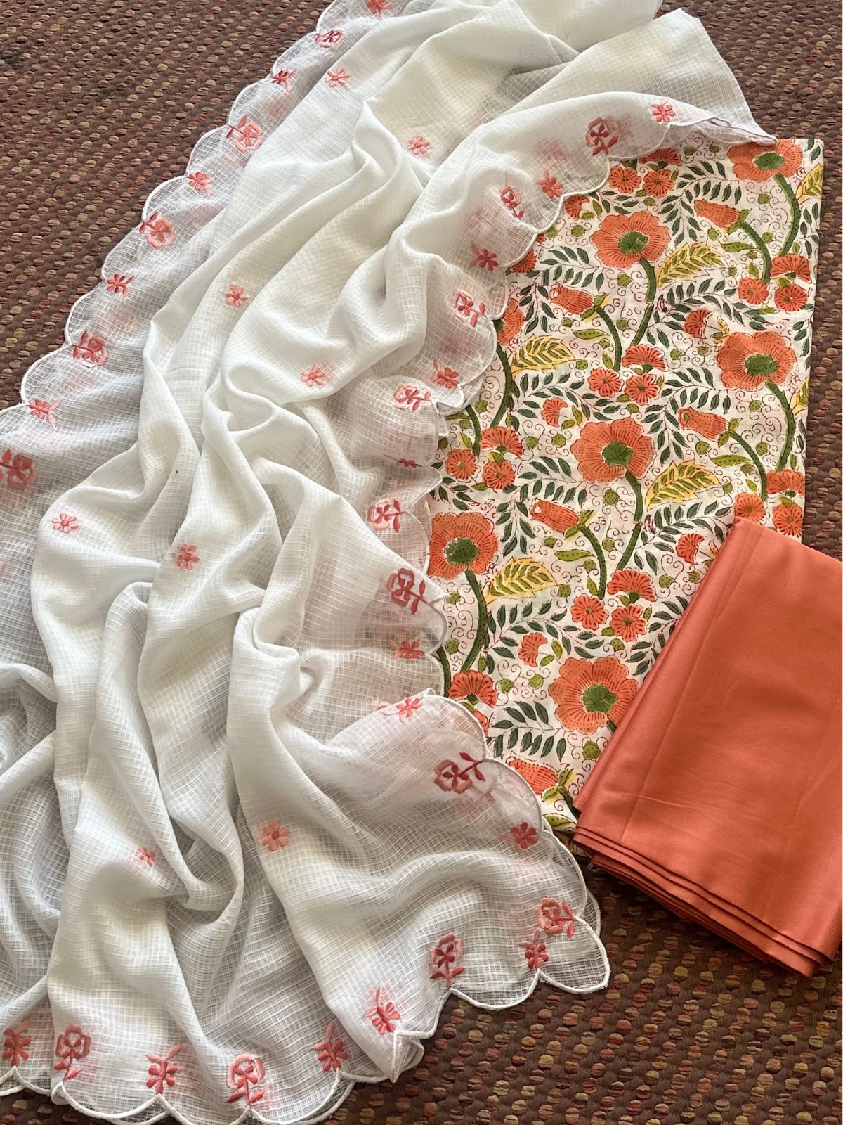 Pure Cotton Hand-blocked Set with Embroidered Dupatta