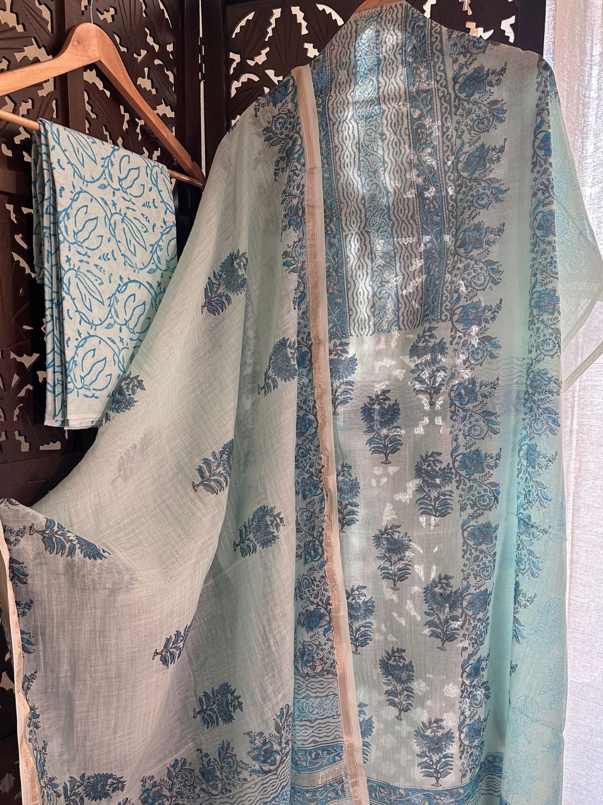 Premium Hand-blocked Malmal Maheswari Unstitched Set