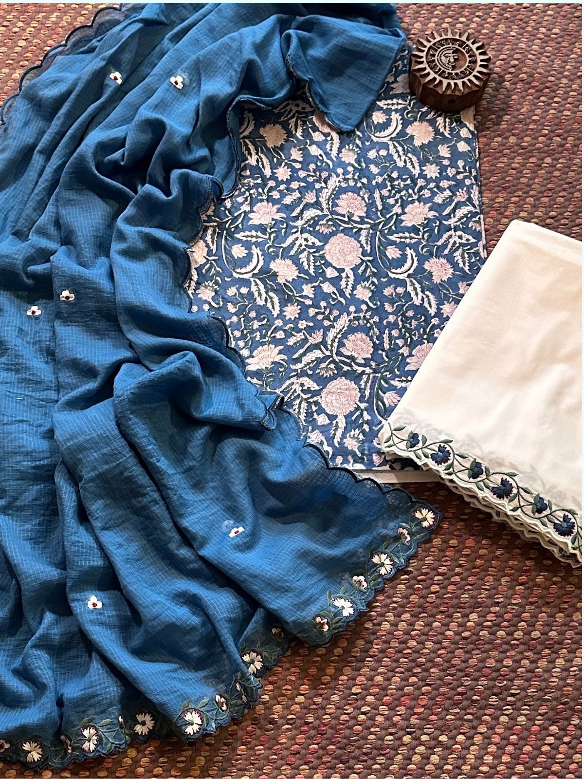 Pure Cotton Hand-block Fabric with Embroidered Bottom & Kota Doria Dupatta
