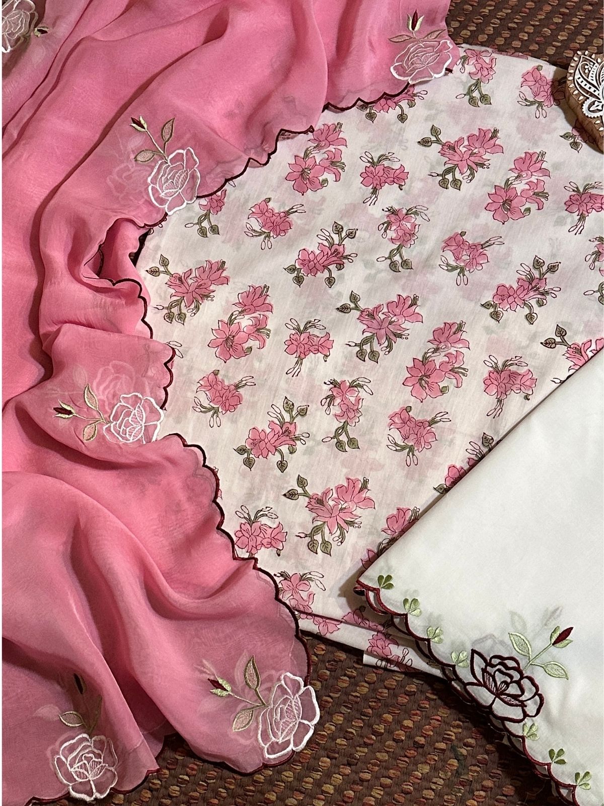 Pure Cotton Handblocked unstitched fabric with Embroidered Organza Dupatta & cotton cambric bottom.
