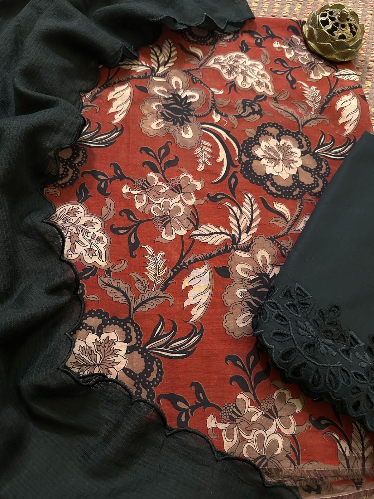 Pure Cotton Premium Malmal Unstitched Set with Cutwork Bottom