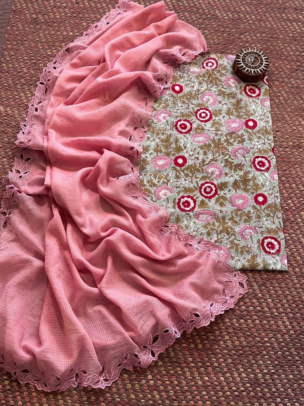 Pure Cotton Handblock Fabric with Cutwork Embroidered Dupatta