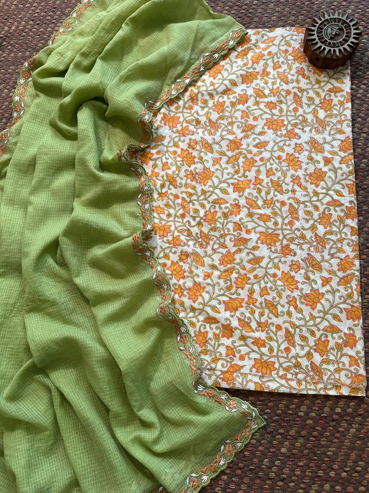 Pure Cotton Hand-blocked Fabric with Exclusive Embroidered Dupatta