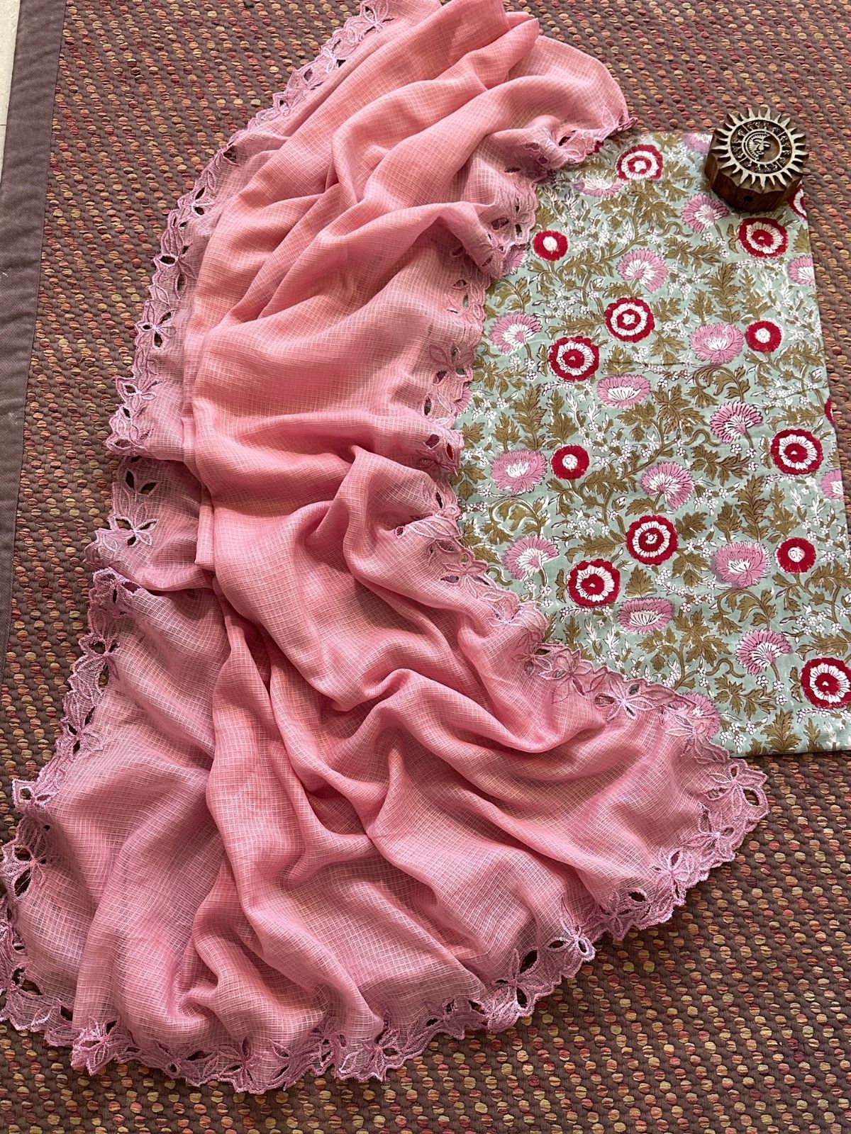 Pure Cotton Handblock Fabric with Cutwork Embroidered Dupatta